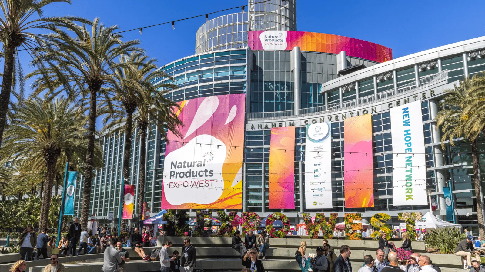 Natural Products Expo West 2024 banners on the Anaheim Convention Center