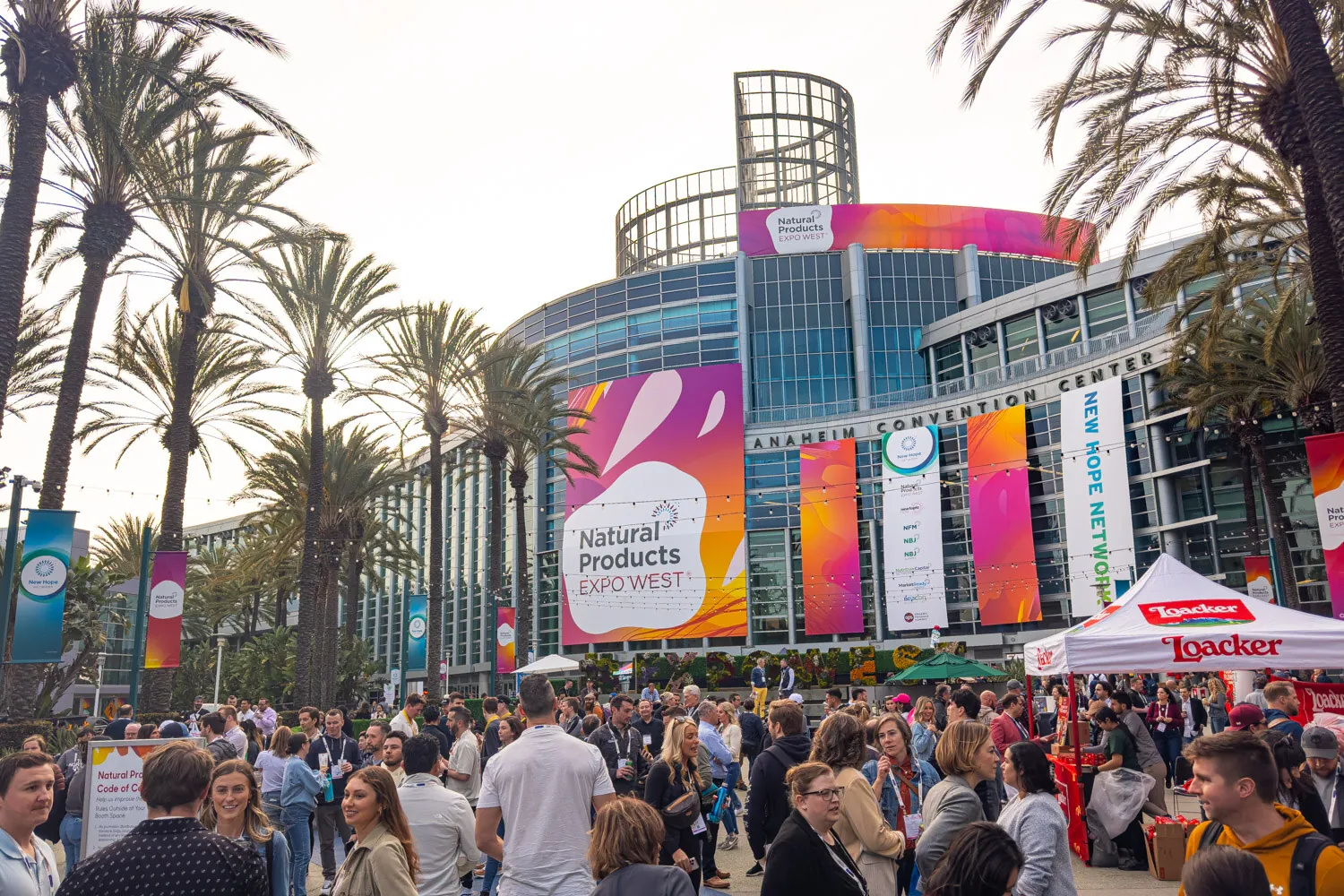 Natural Products Expo West 2025 banners on the Anaheim Convention Center