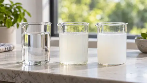 Clear and cloudy beverage prototypes in glass beakers on a test bench.