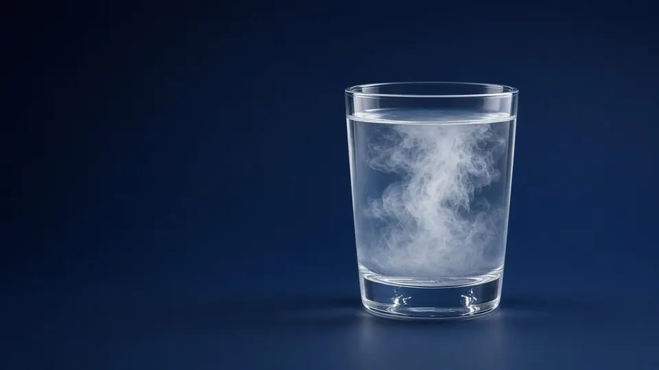 A clear glass of water with a white powder swirl dispersing, on a dark blue background.