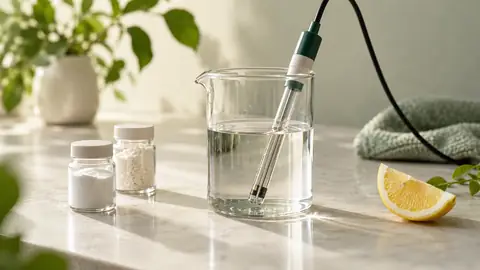 A beverage beaker with a pH probe beside plain component vials and a lemon wedge.