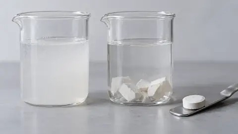 Beakers with a powder suspension and tablet fragments on a test bench.